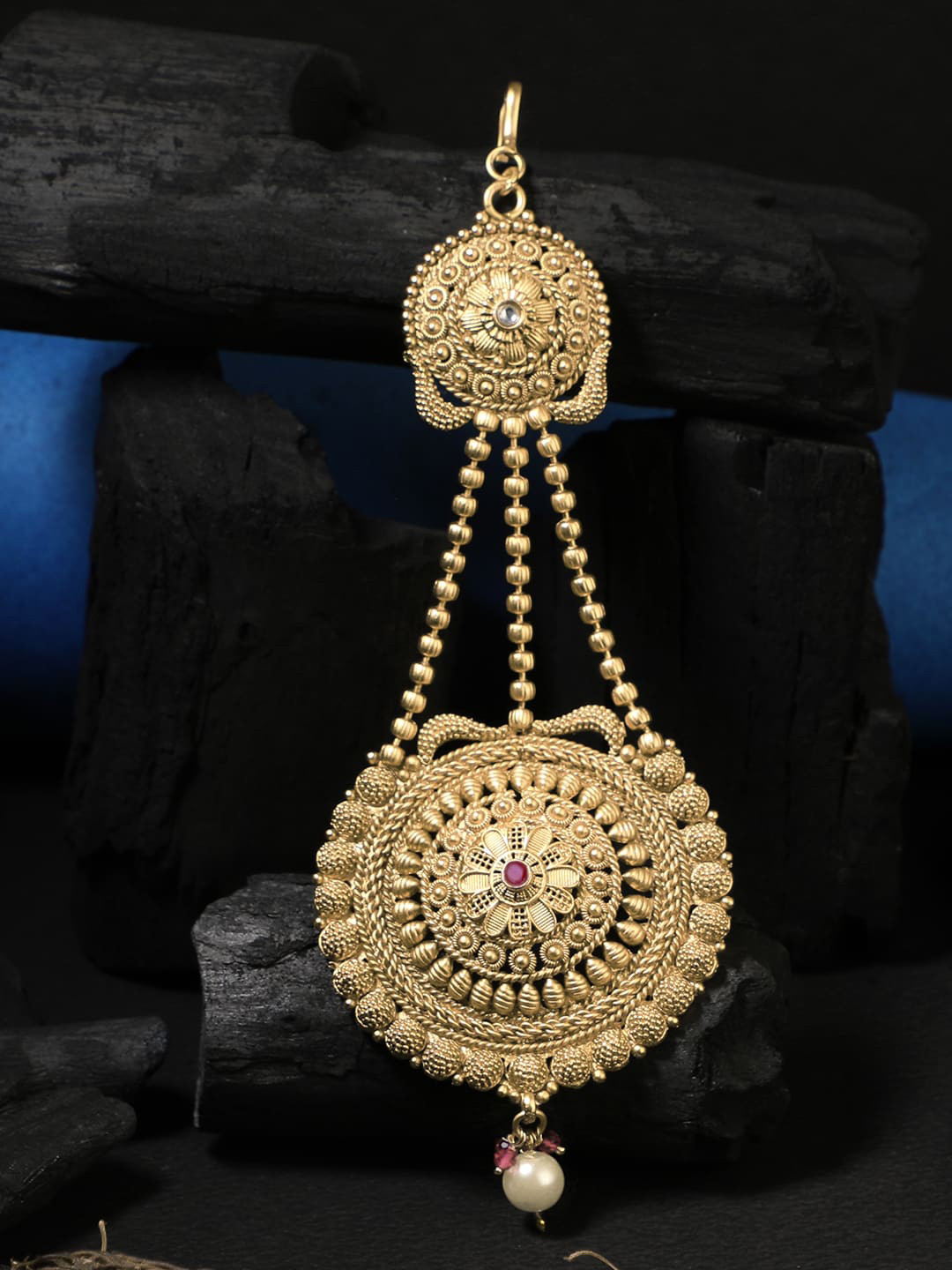 

Adwitiya Collection 24CT Gold-Plated Pink & White Stone-Studded & Pearl Beaded Jhumar Passa