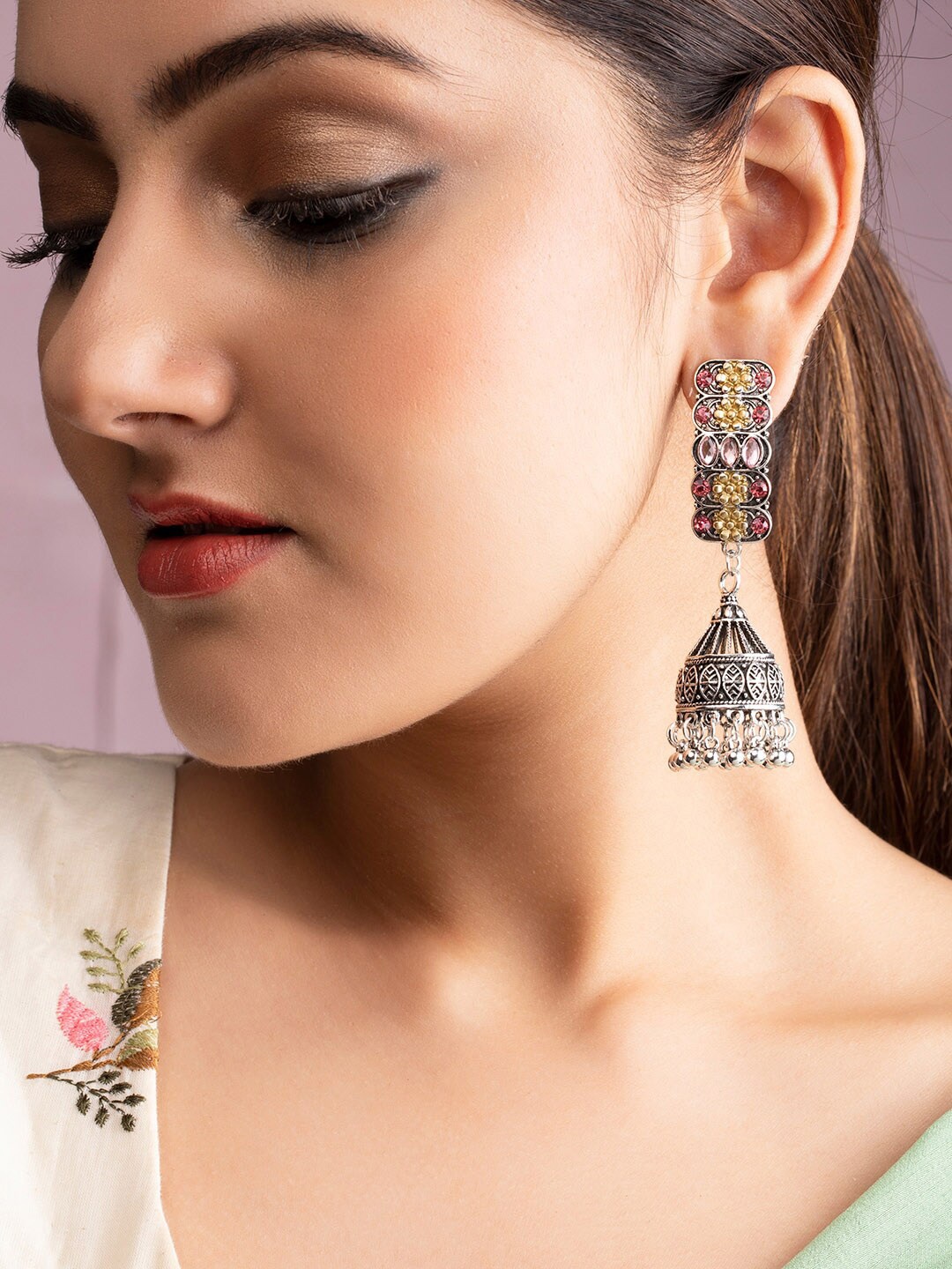 

Rubans Oxidised Silver-Toned Stone Studded Jhumkas Earrings