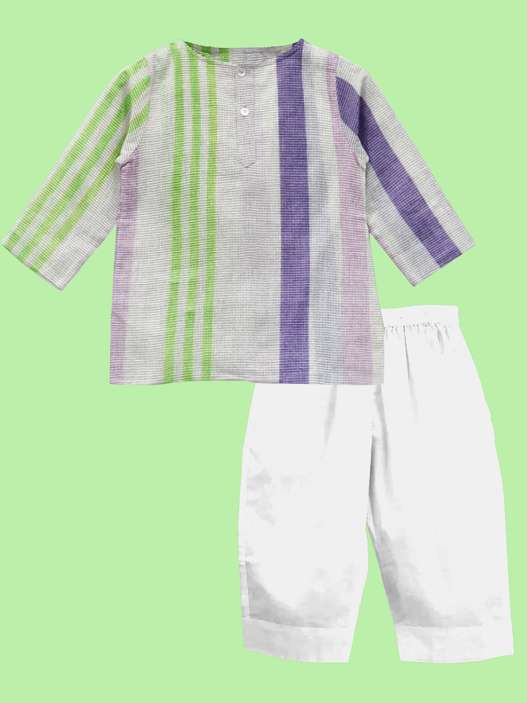 

THE BABY ATELIER Kids Green & Purple Striped Organic Cotton Winter Night Suit