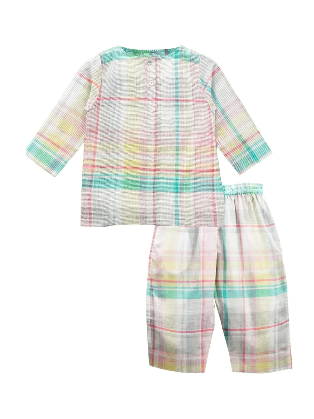 

THE BABY ATELIER Unisex Kids Cream-Coloured & Green Checked Night suit