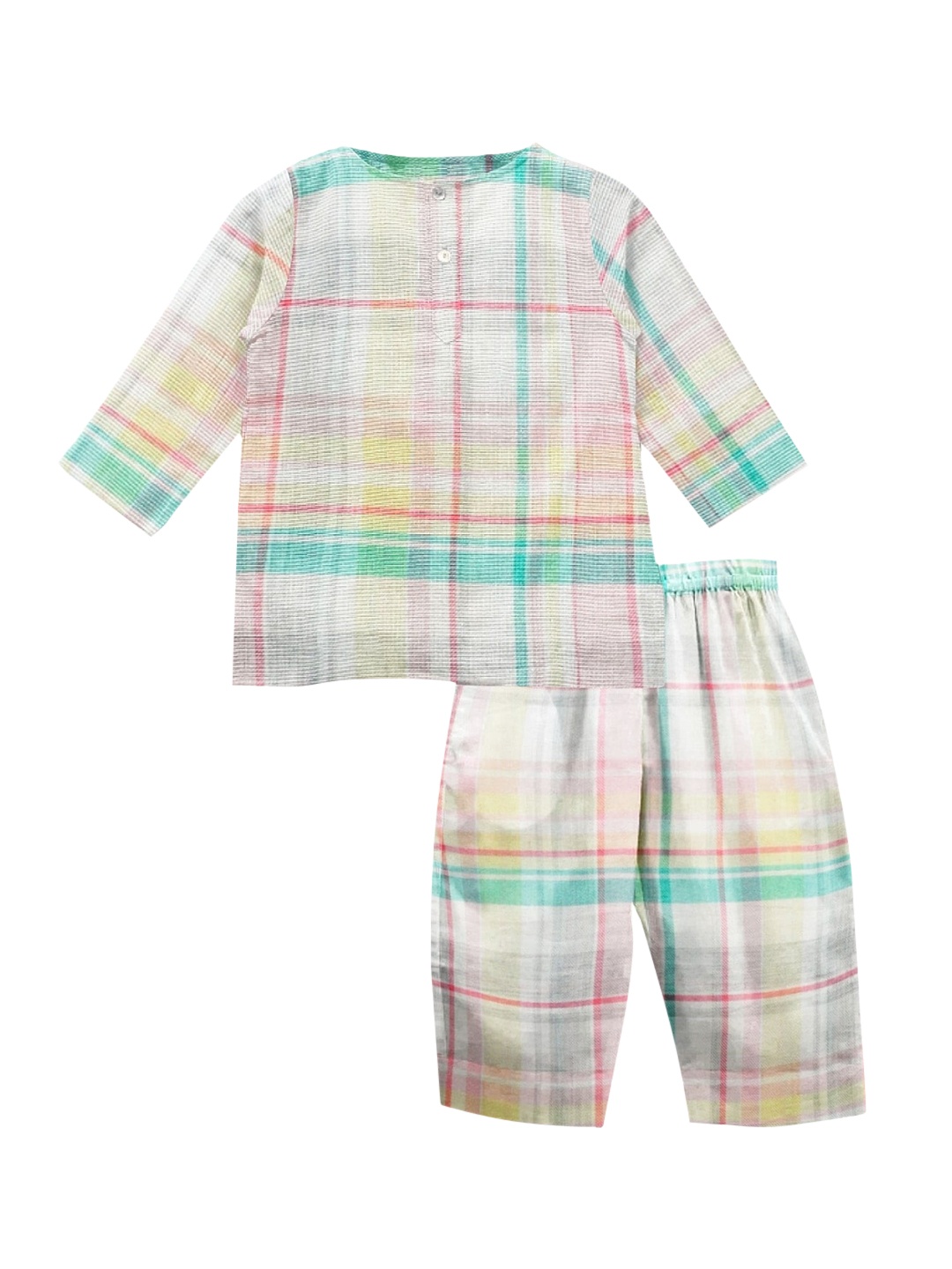 

THE BABY ATELIER Unisex Kids Cream-Coloured & Green Checked Cotton Night suit