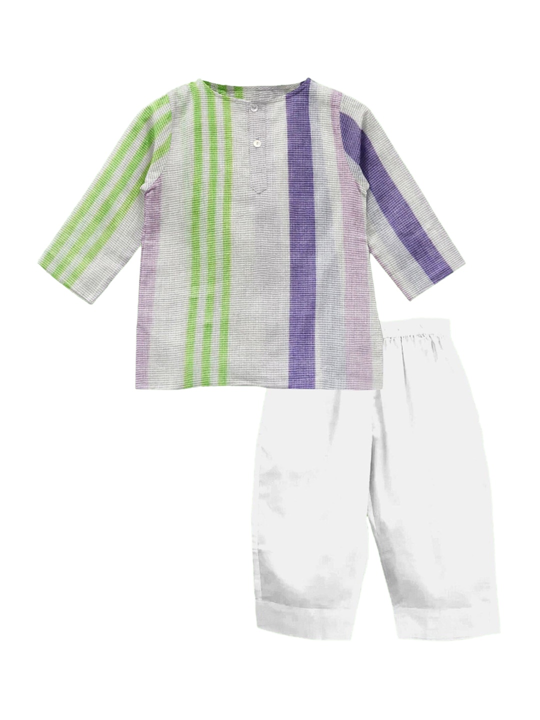

THE BABY ATELIER Unisex Kids Green & White Striped Organic Cotton Night suit