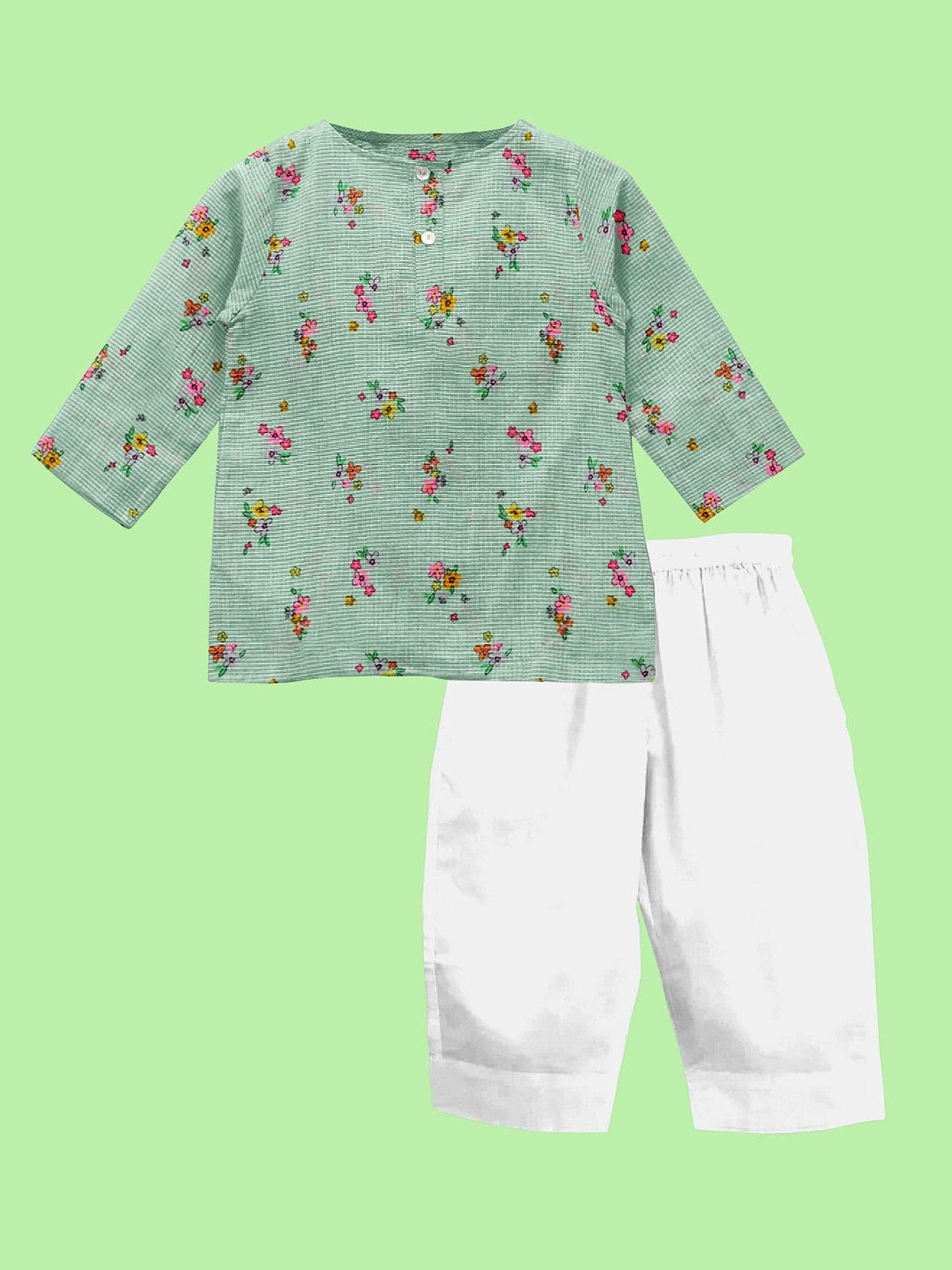 

THE BABY ATELIER Kids Green Floral Printed Organic Cotton Kurta with Pyjamas