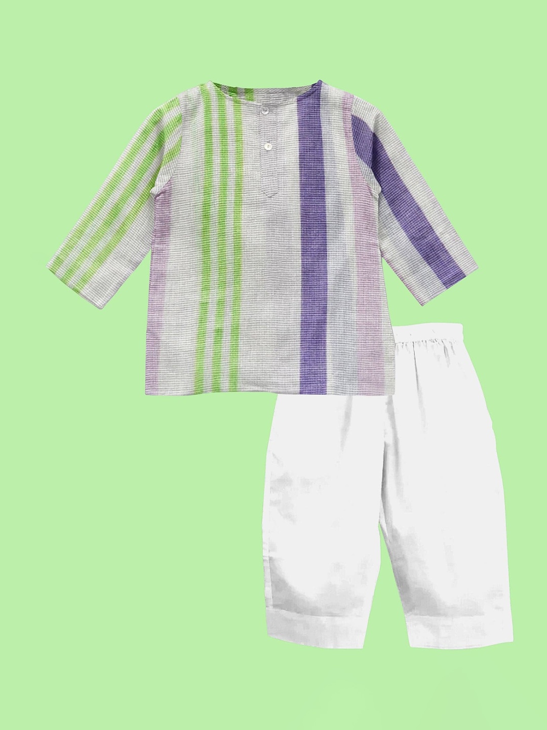 

THE BABY ATELIER Unisex Kids Green & White Striped Organic Cotton Night suit