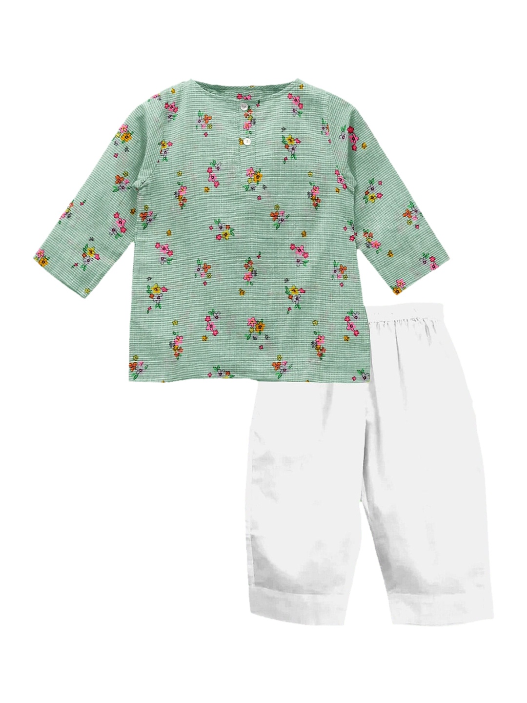 

THE BABY ATELIER Girls Green Floral Printed Organic Cotton Kurta with Pyjamas