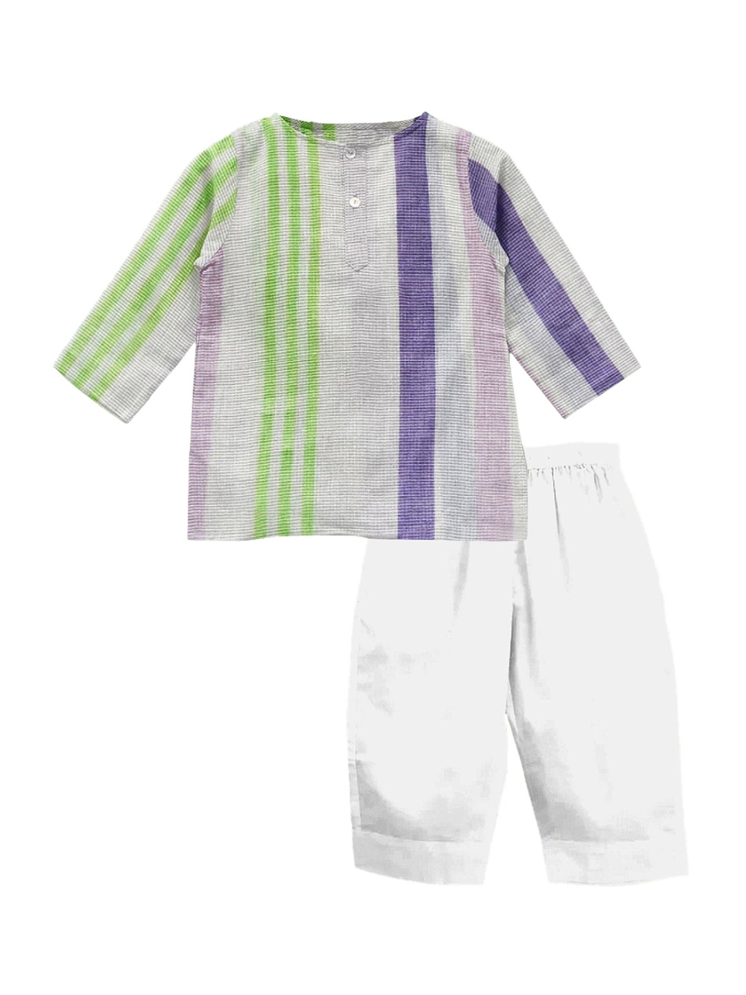 

THE BABY ATELIER Unisex Kids Green & White Striped Organic Cotton Night suit