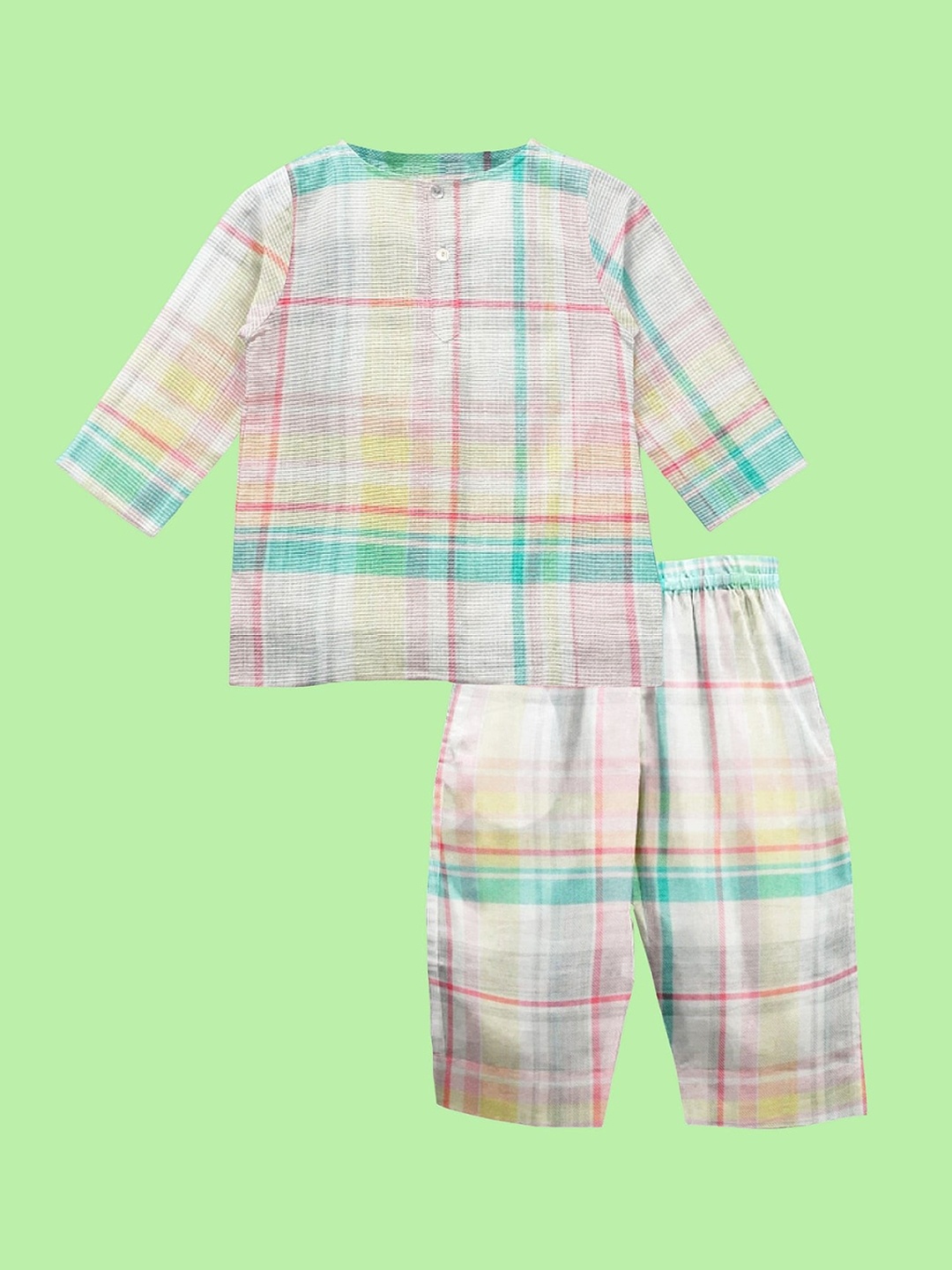 

THE BABY ATELIER Unisex Kids Cream-Coloured & Green Checked Night suit