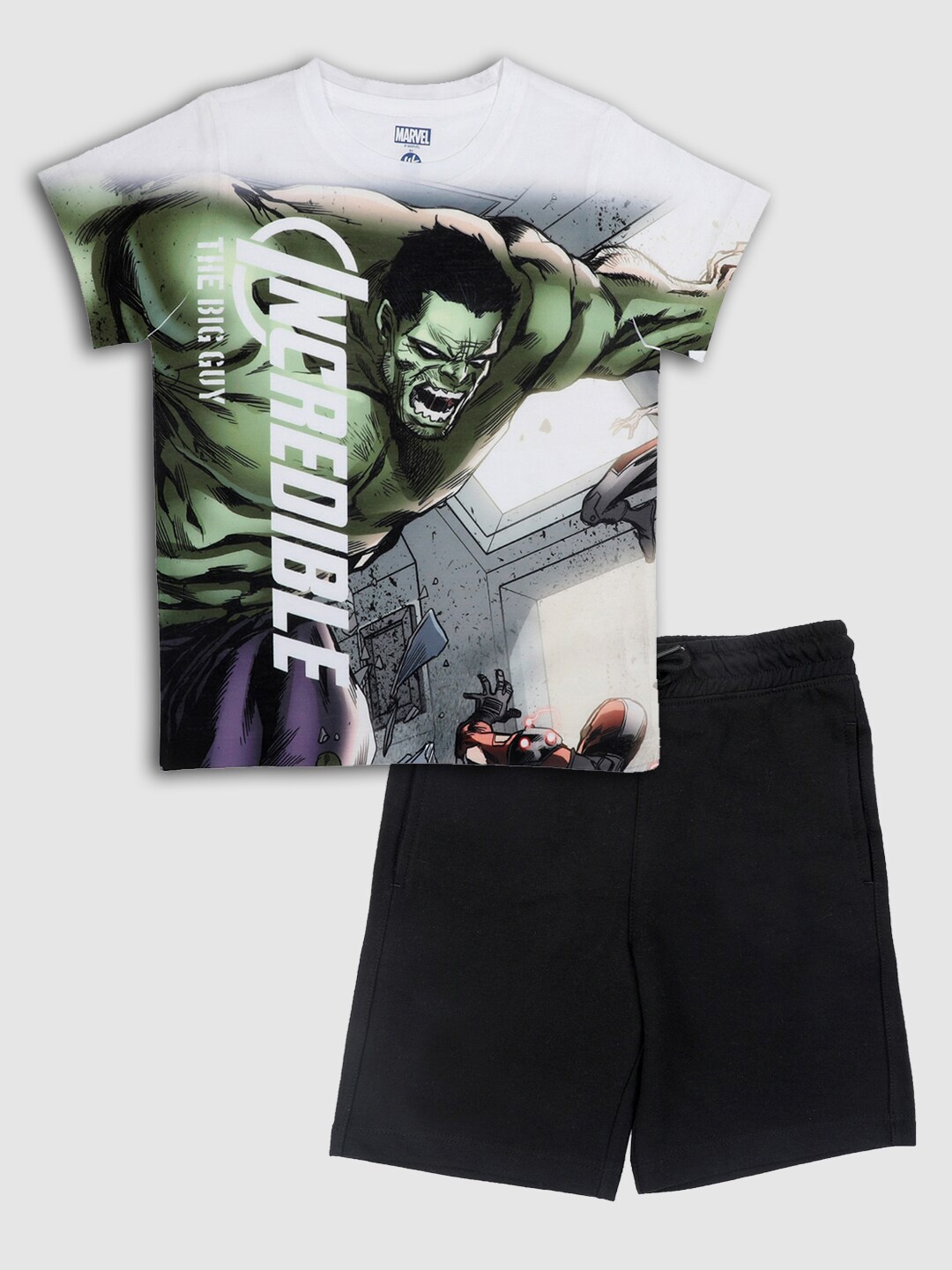 

YK Marvel Boys White & Black Hulk Printed T-shirt with Shorts