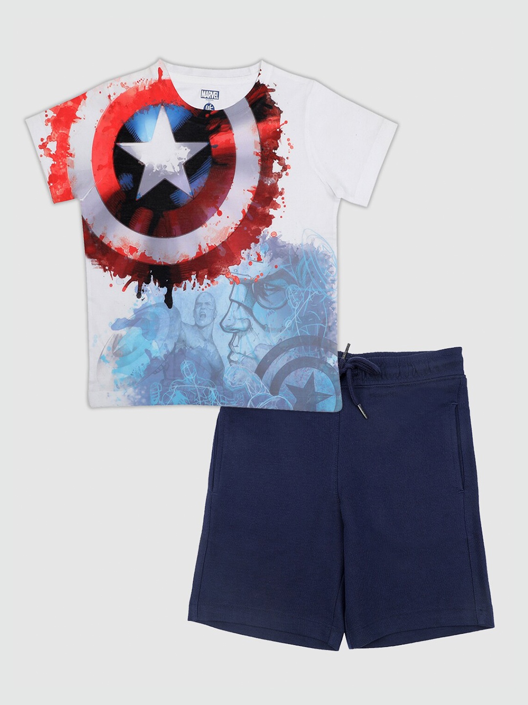 

YK Marvel Boys White & Blue Printed T Shirt with Shorts