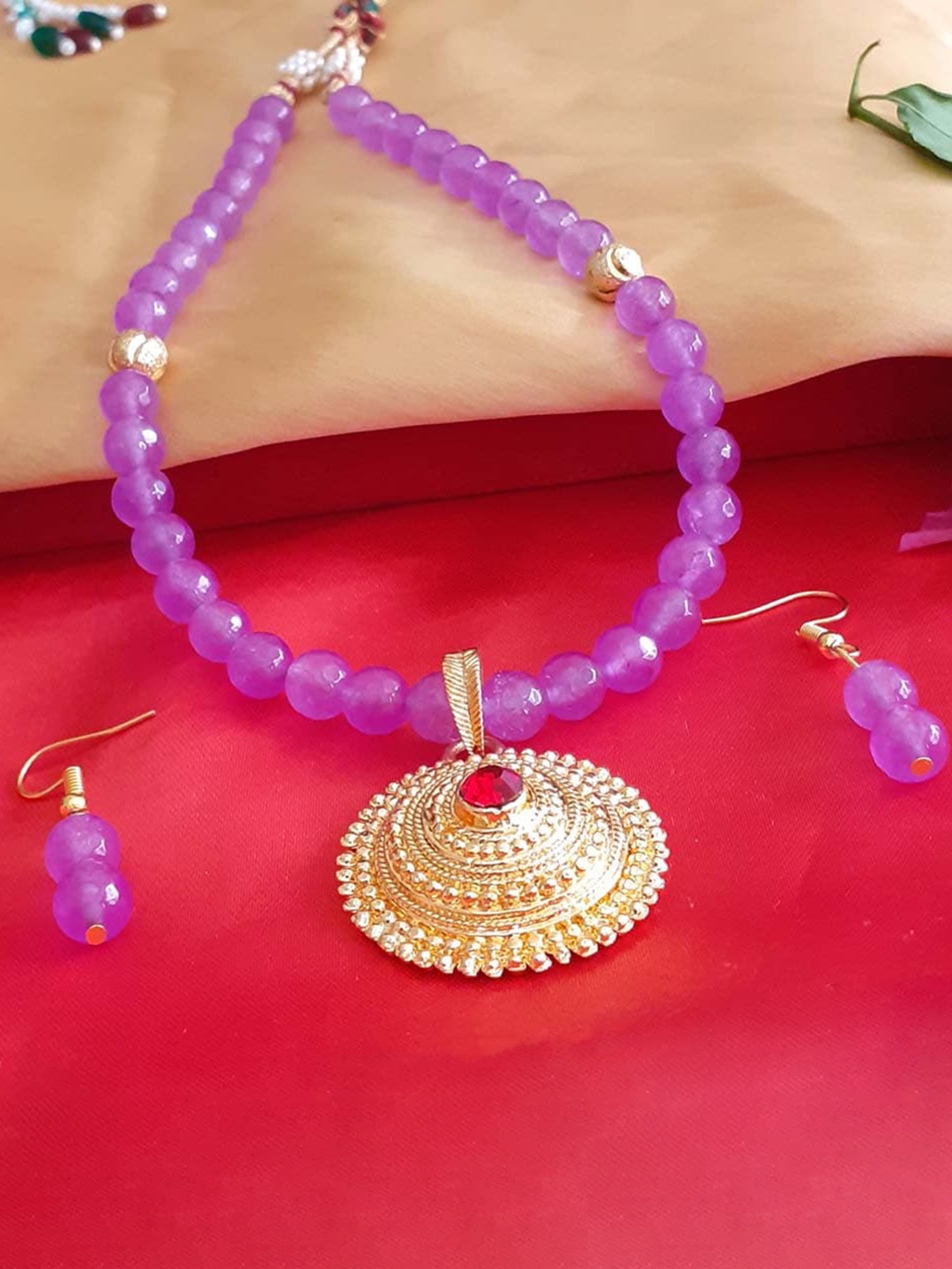 

RICH AND FAMOUS Gold-Plated Pink Agate Stone Quartz-Studded Jewellery Set