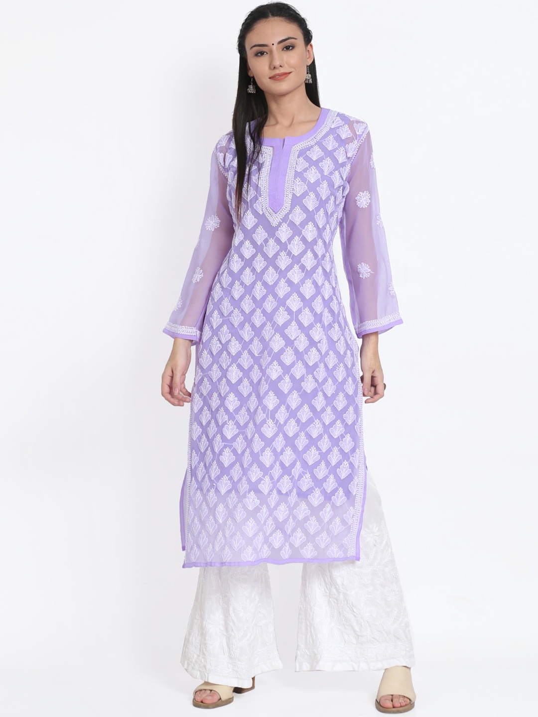 

PARAMOUNT CHIKAN Women Purple Ethnic Motifs Embroidered Chikankari Georgette Kurta