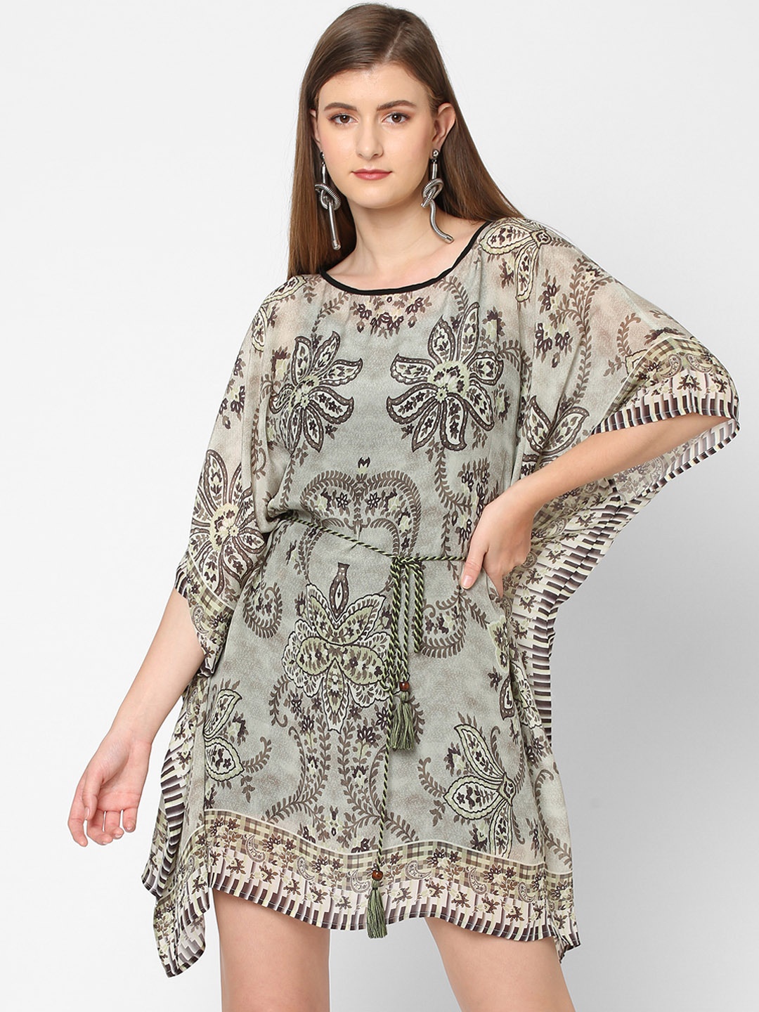 

Cloth Haus India Grey Floral Printed Kaftan Longline Tunic