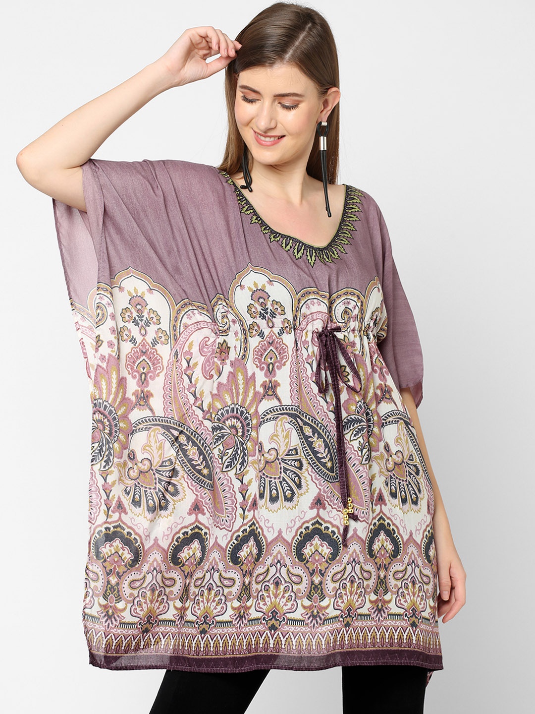 

Cloth Haus India Purple Ethnic Motifs Printed Kaftan Longline Tunic