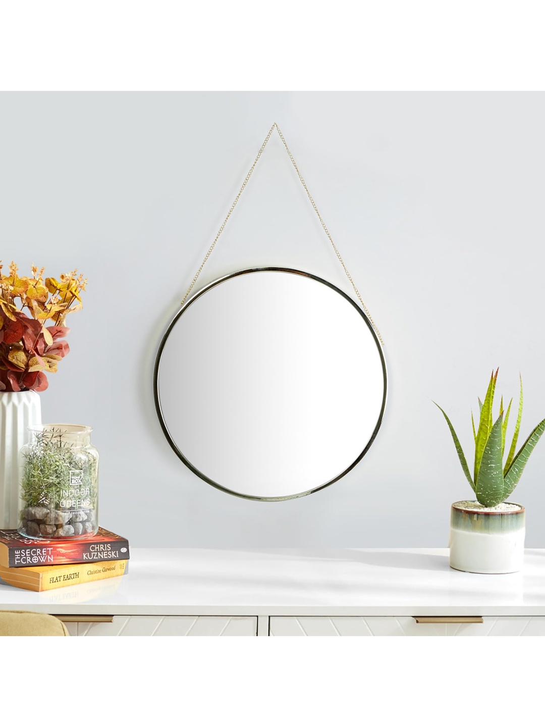 

Home Centre Gold-Toned & Black Catania Round Glass Mirror With Chain