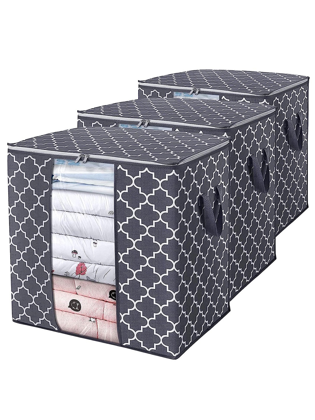 

HOUSE OF QUIRK Grey Set Of 3 Large Foldable Storage Boxes With Steady Zipper