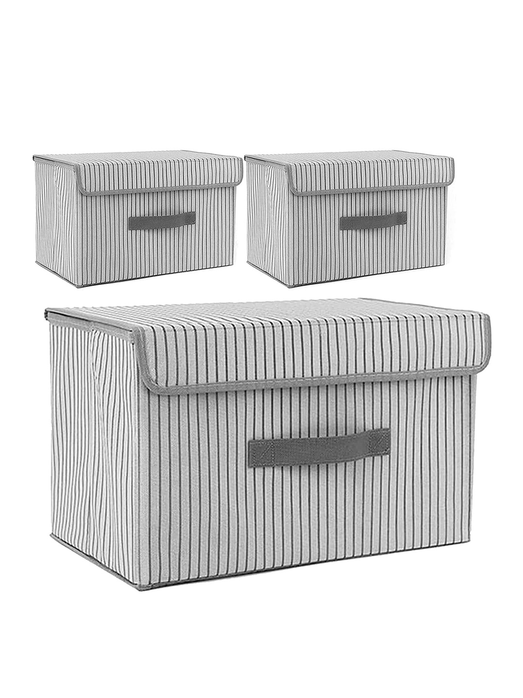 

HOUSE OF QUIRK Set Of 3 Grey Striped Foldable Fabric Storage Organiser With Lid