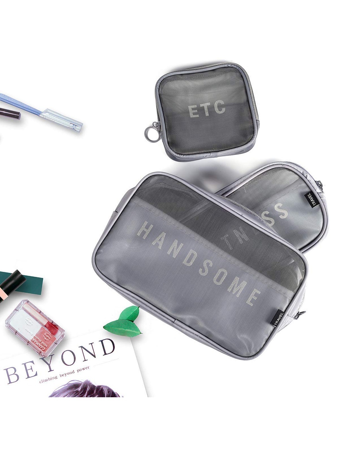 

HOUSE OF QUIRK Set Of 3 Grey Printed Makeup Organiser
