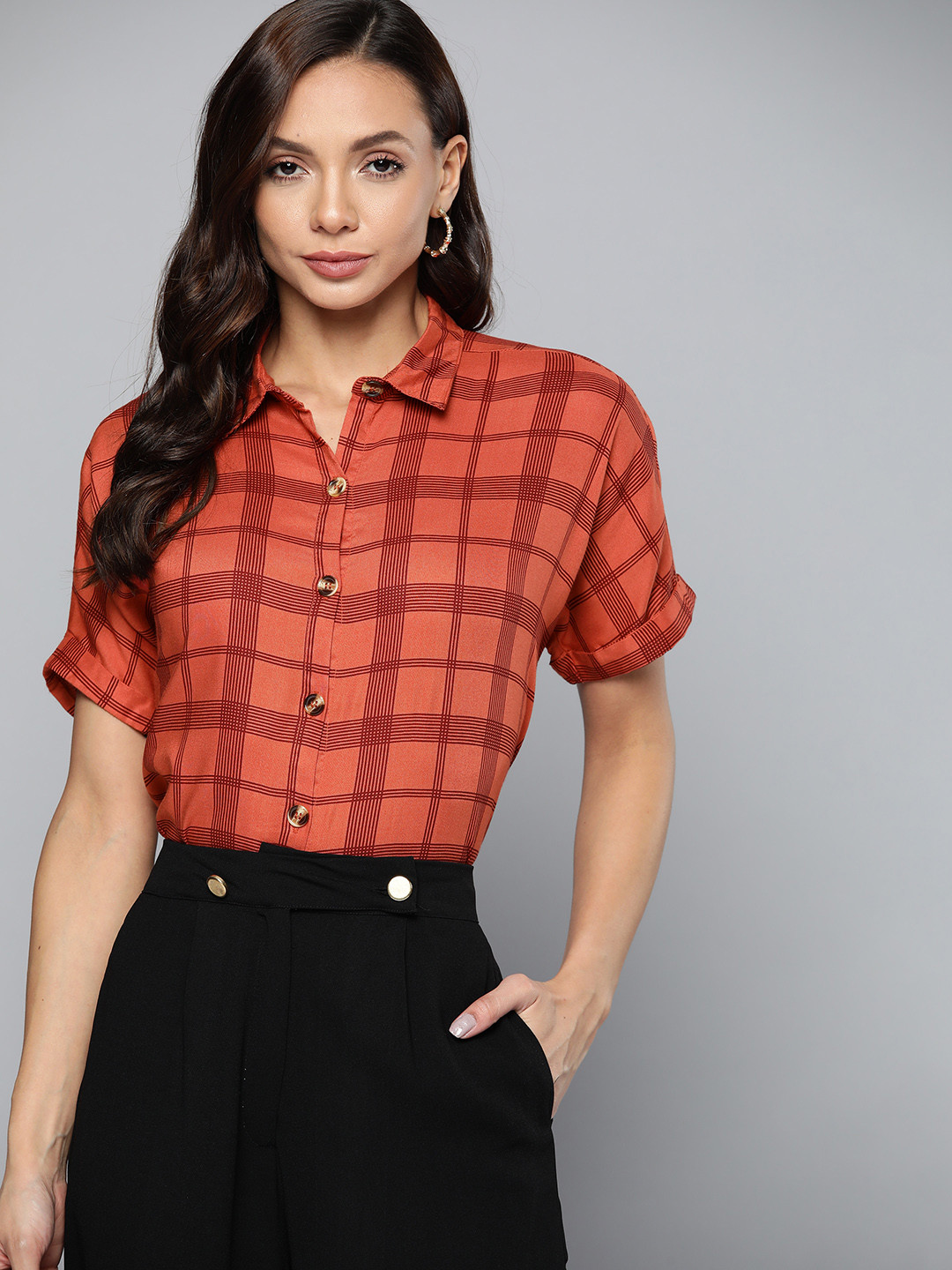 

Chemistry Women Rust Orange & Maroon Checked Casual Shirt