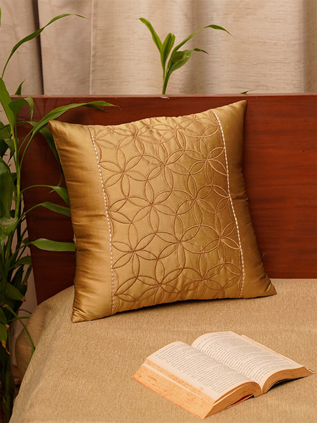 

ZEBA Gold-Toned Embroidered Square Cushion Covers