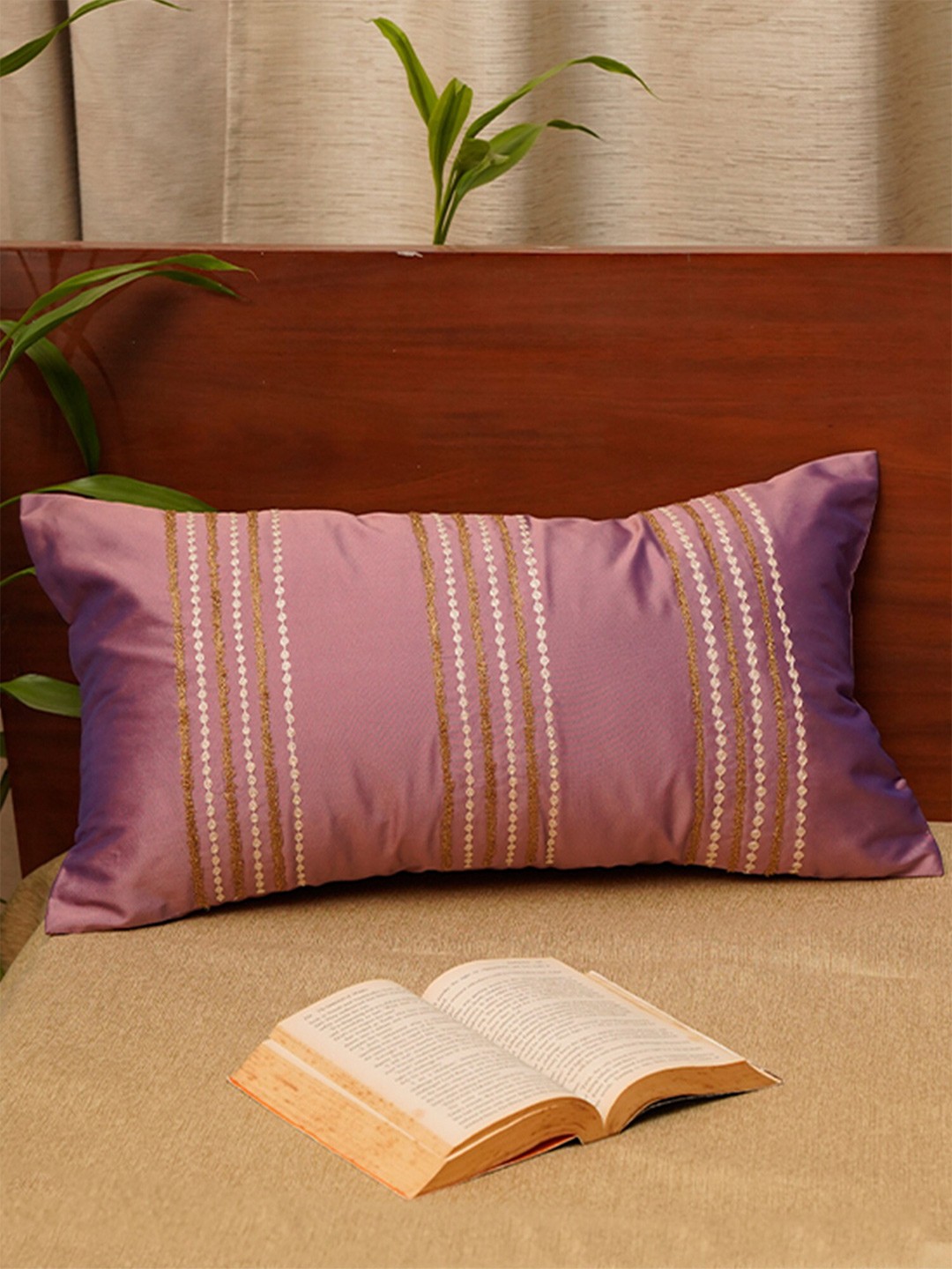 

ZEBA Purple & Gold-Toned Embroidered Rectangle Cushion Cover