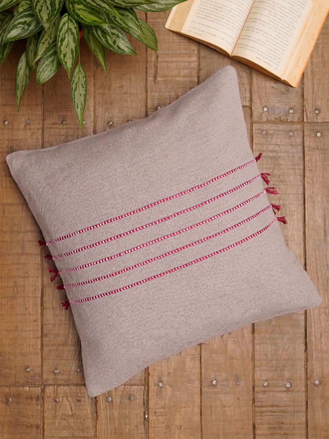 

ZEBA Grey & Magenta Embroidered Square Cushion Covers