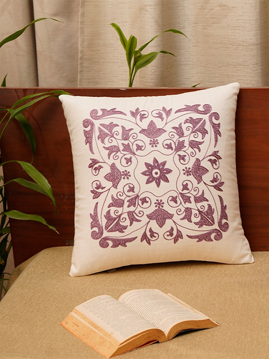 

ZEBA Off White & Purple 16" x 16" Embroidered Square Cushion Covers