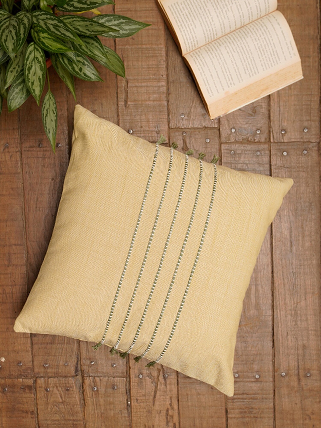 

ZEBA Yellow Embroidered Square Cotton Cushion Cover