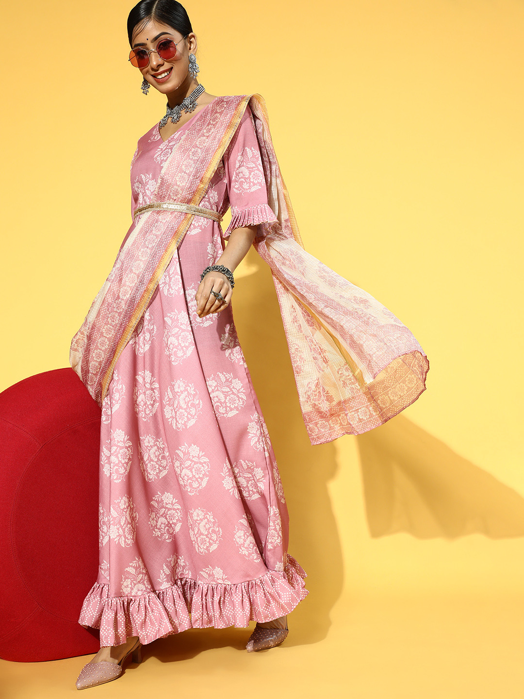 

Yufta Women Pretty Pink Ethnic Motifs Draped Luxe Dress