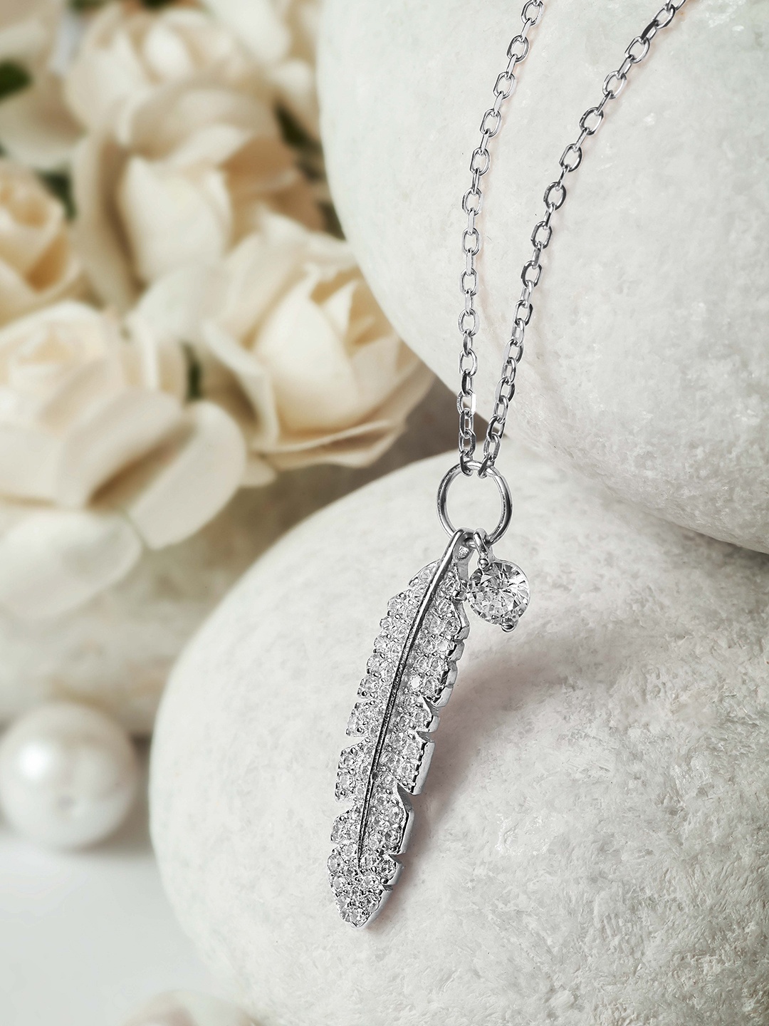 

SILBERRY 925 Sterling Silver CZ Studded Quill Pendant with chain