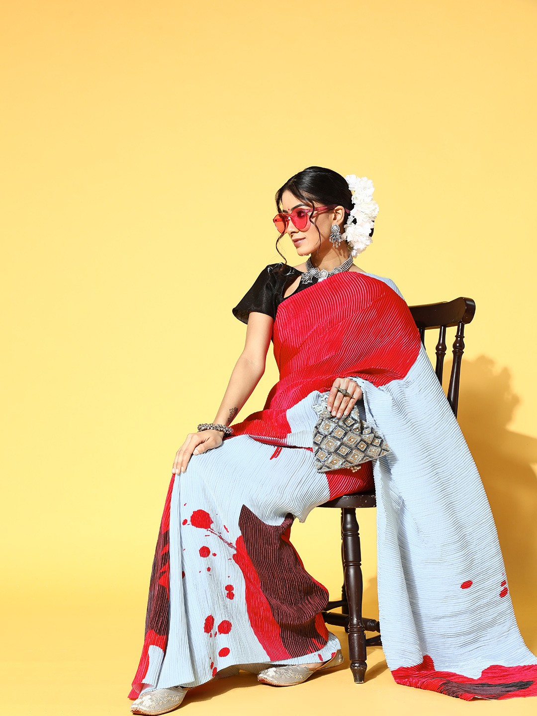 

Mitera Tie and Dye Pleated Saree, Red
