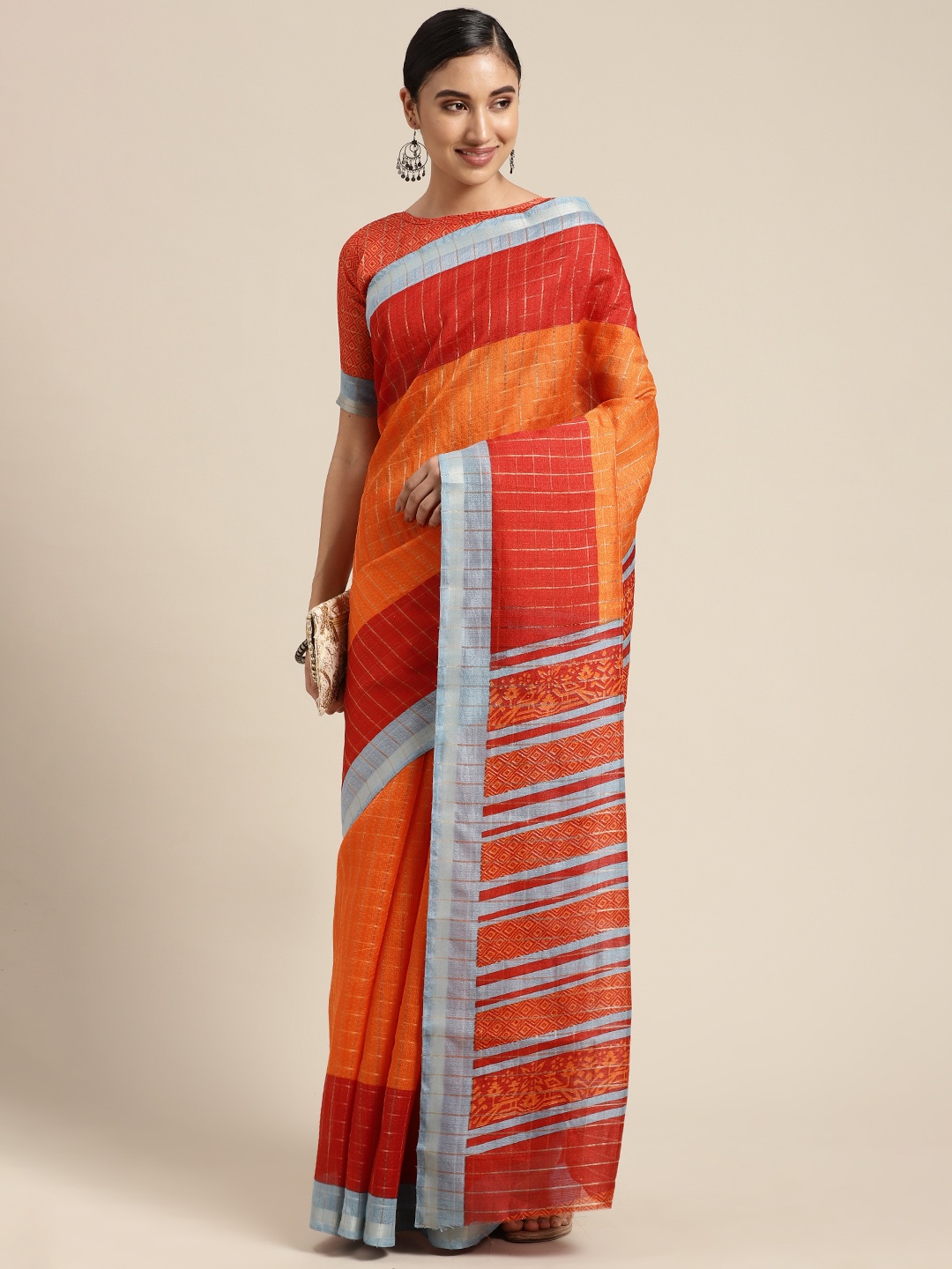 

KALINI Orange & Red Checked & Printed Silk Cotton Saree