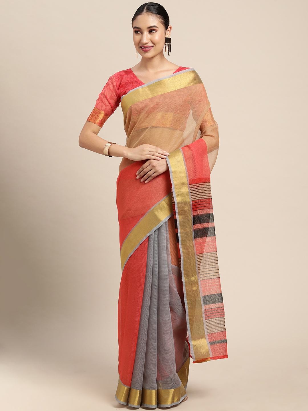 

KALINI Beige & Pink Striped Silk Cotton Half and Half Saree