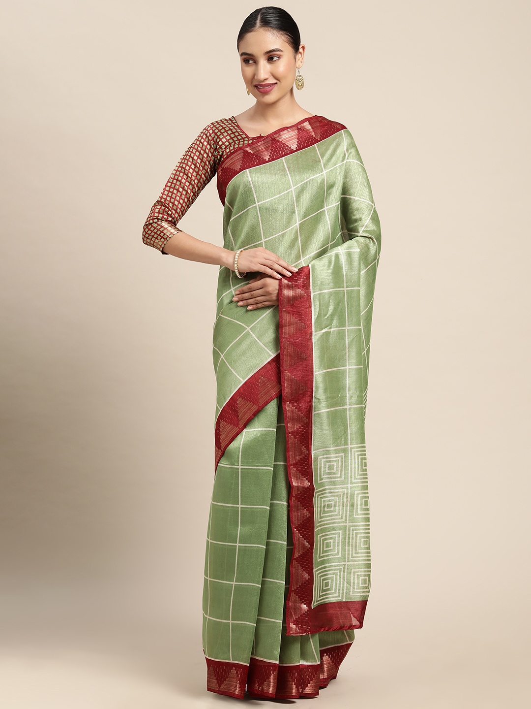 

KALINI Women Green & Maroon Checked Silk Cotton Saree