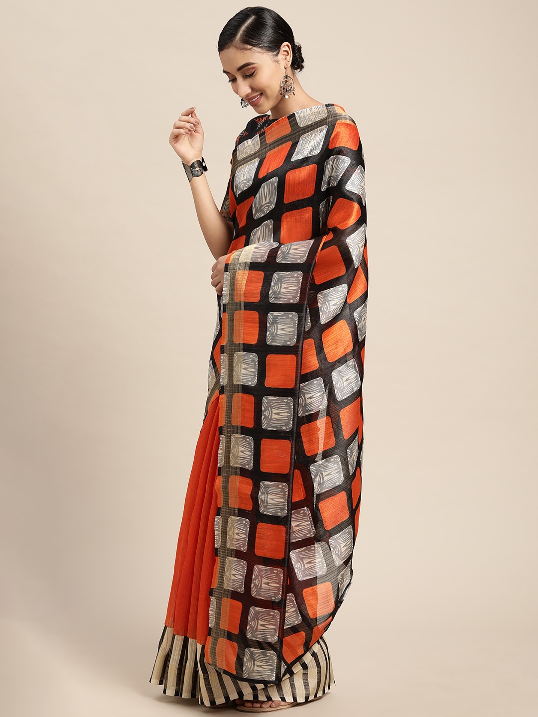 

KALINI Women Orange & Black Checked Silk Cotton Saree