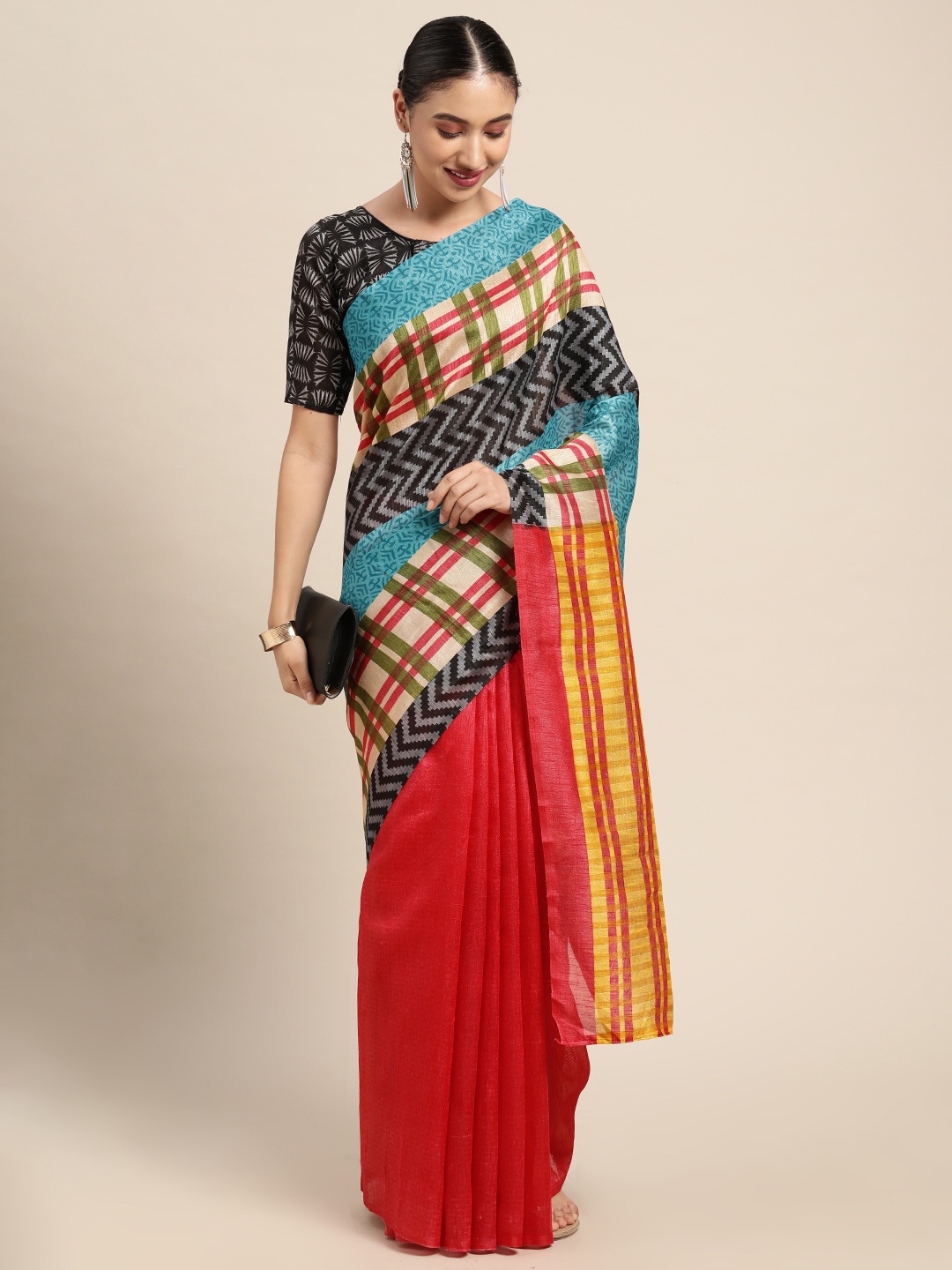 

KALINI Multicoloured Striped Silk Cotton Half and Half Saree, Multi