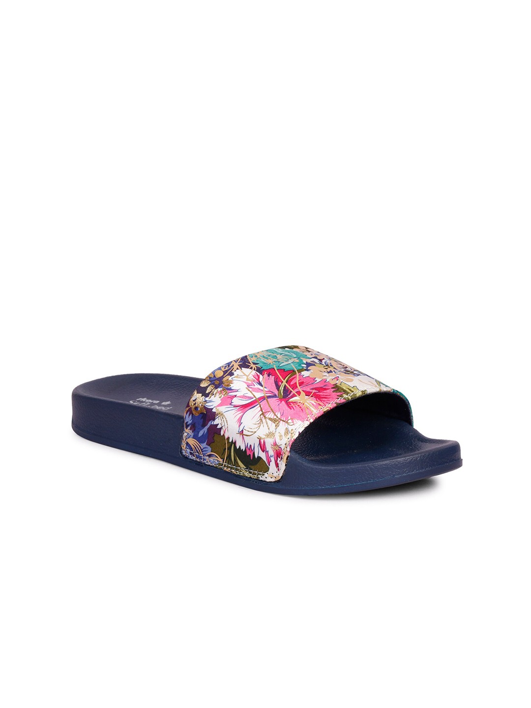 

SKORA Women Navy Blue & Multicoloured Printed Sliders