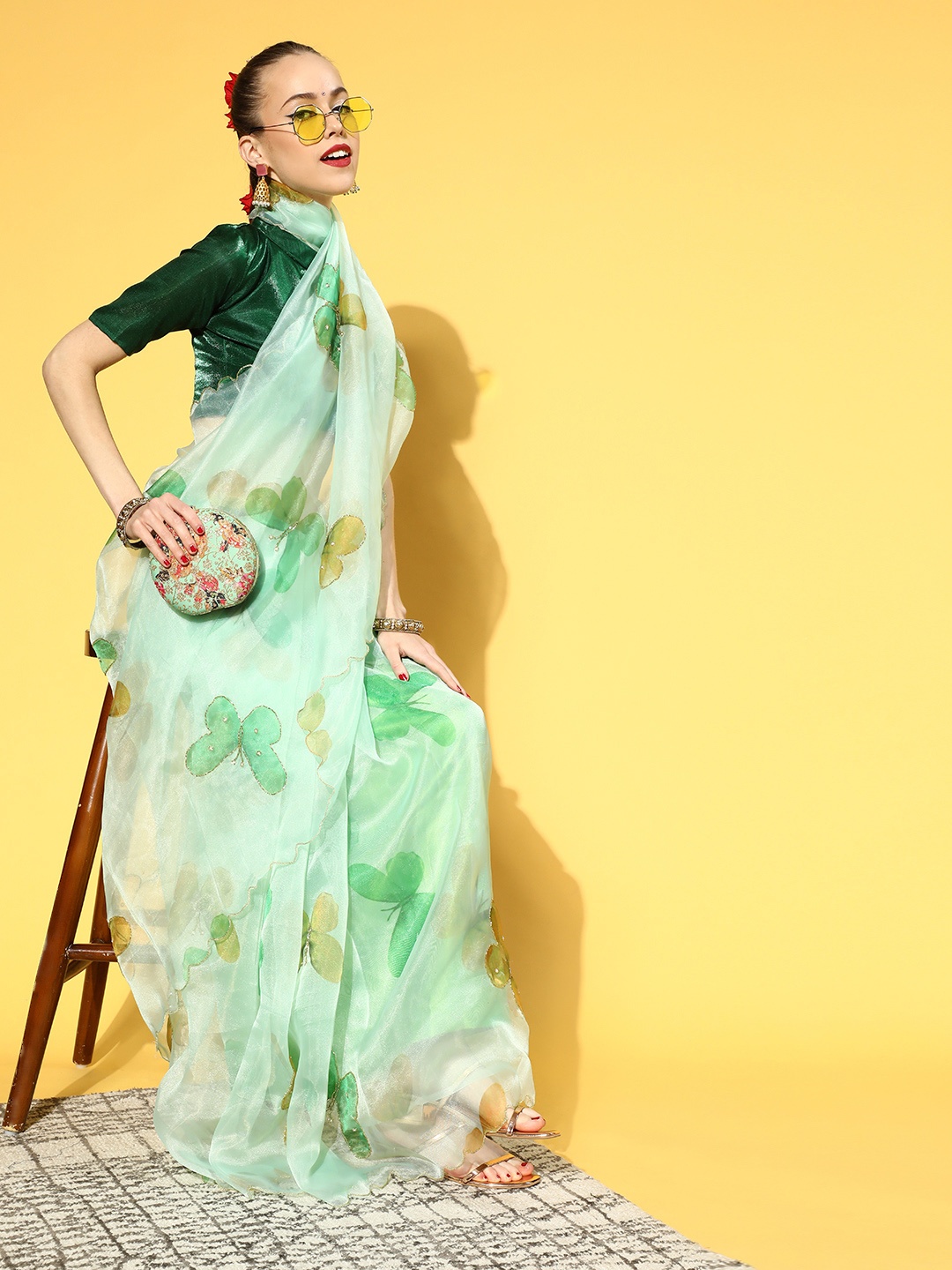 

Mitera Abstract Saree with Embellished Border, Sea green