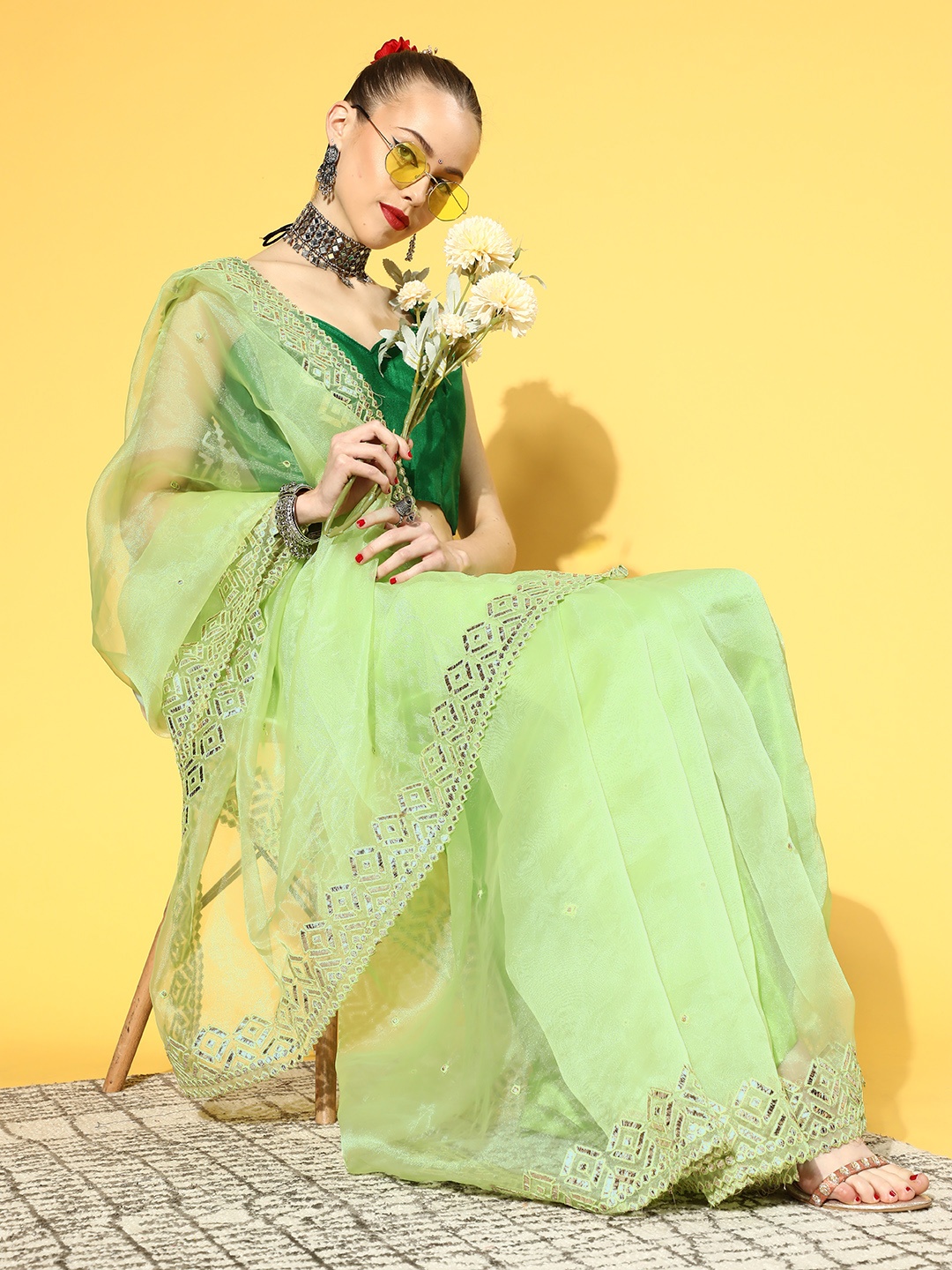 

Mitera Embellished Saree with Border, Green