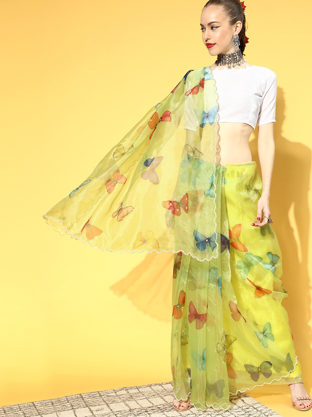 

Mitera Abstract Saree with Embellished Border, Lime green