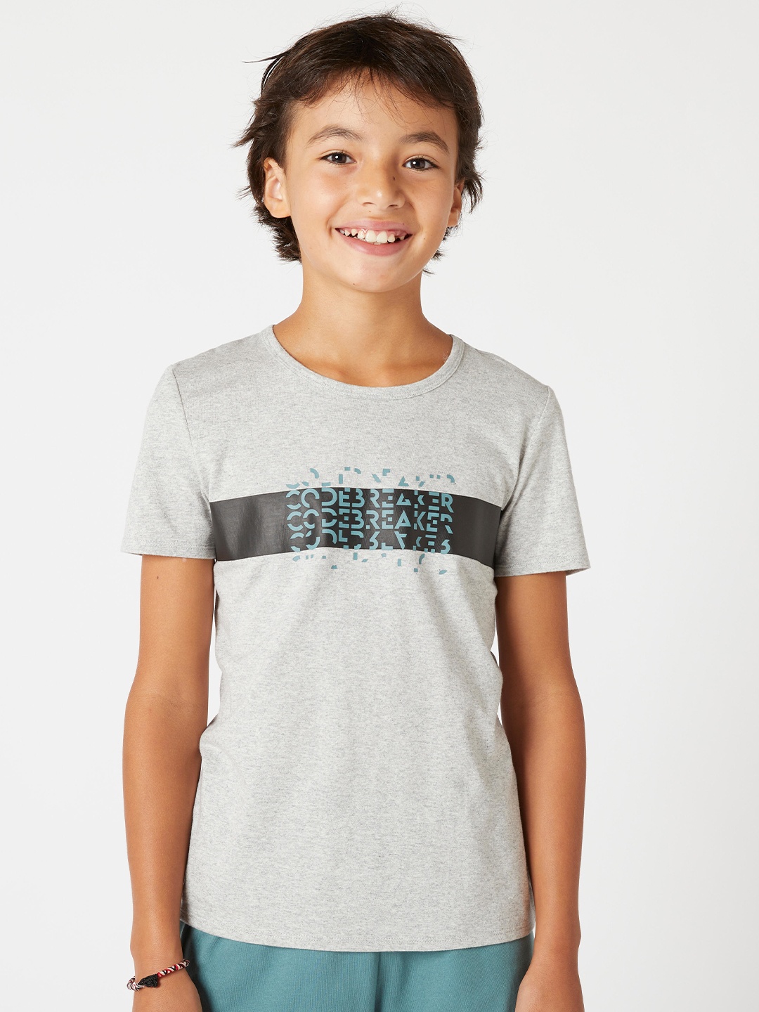 

Domyos By Decathlon Boys Grey Typography Printed Regular Fit Pure Cotton T-shirt