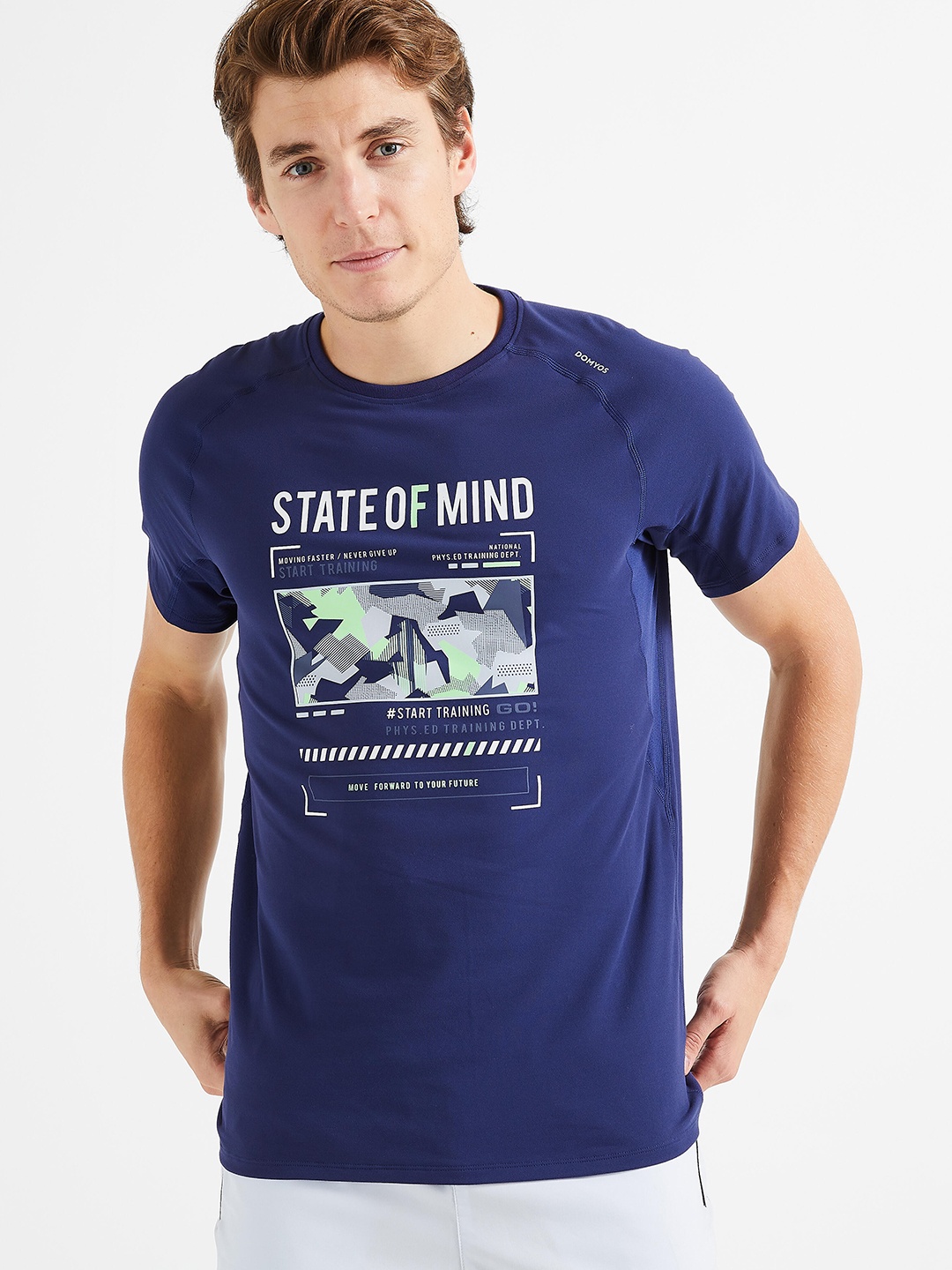 

Domyos By Decathlon Men Blue & White Typography Printed Training T-shirt