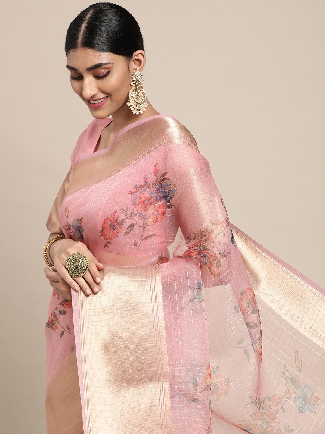 

Saree mall Pink & Gold Floral Digital Print & Checked Organza Taant Sarees