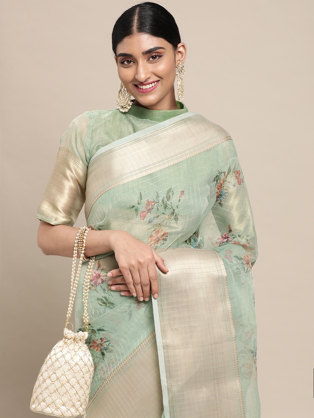 

Saree mall Mint Green & Gold Digital Floral Print & Checked Organza Taant Sarees