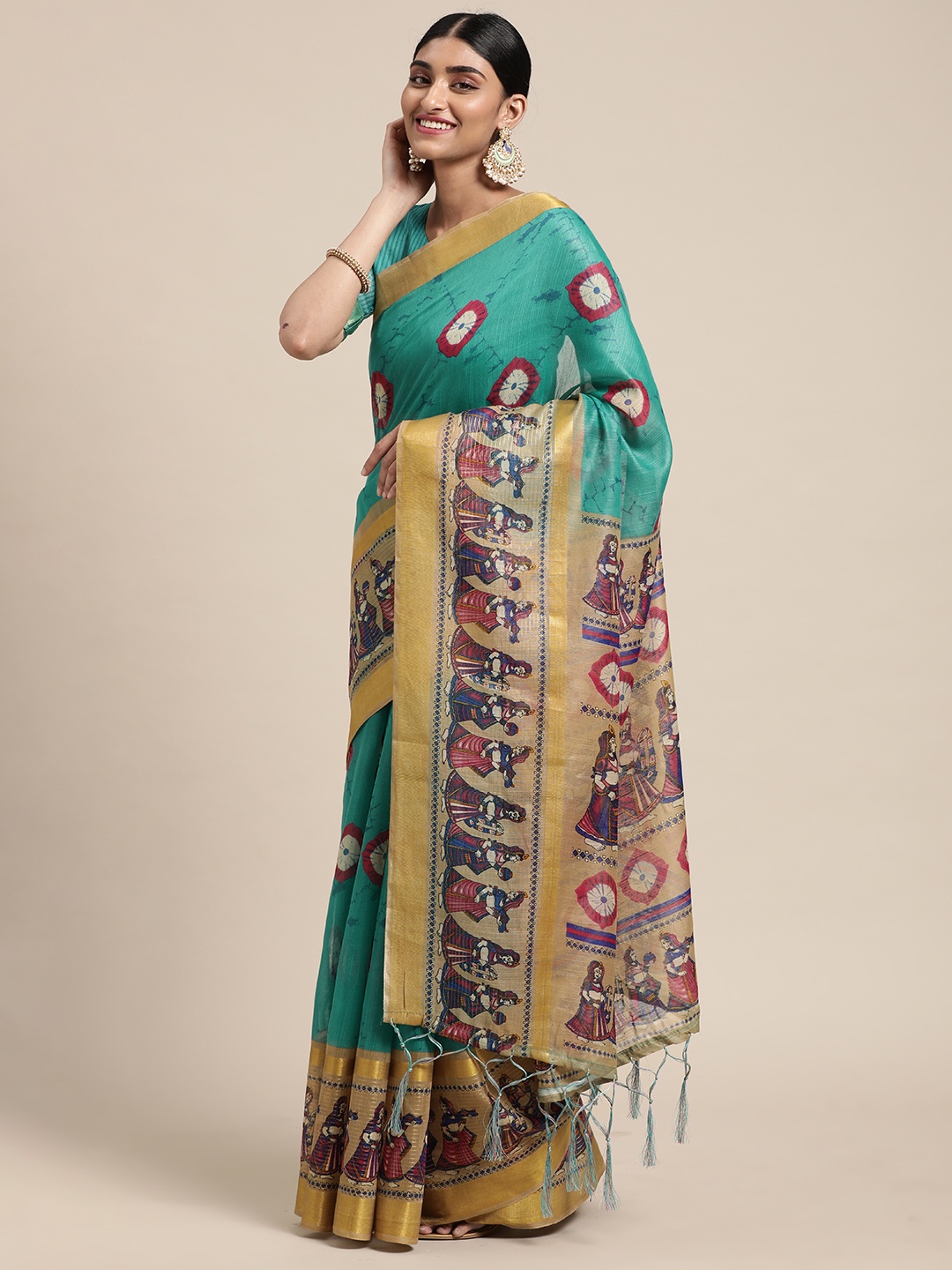 

Saree mall Turquoise Blue & Beige Ethnic Motifs Zari Linen Blend Taant Sarees