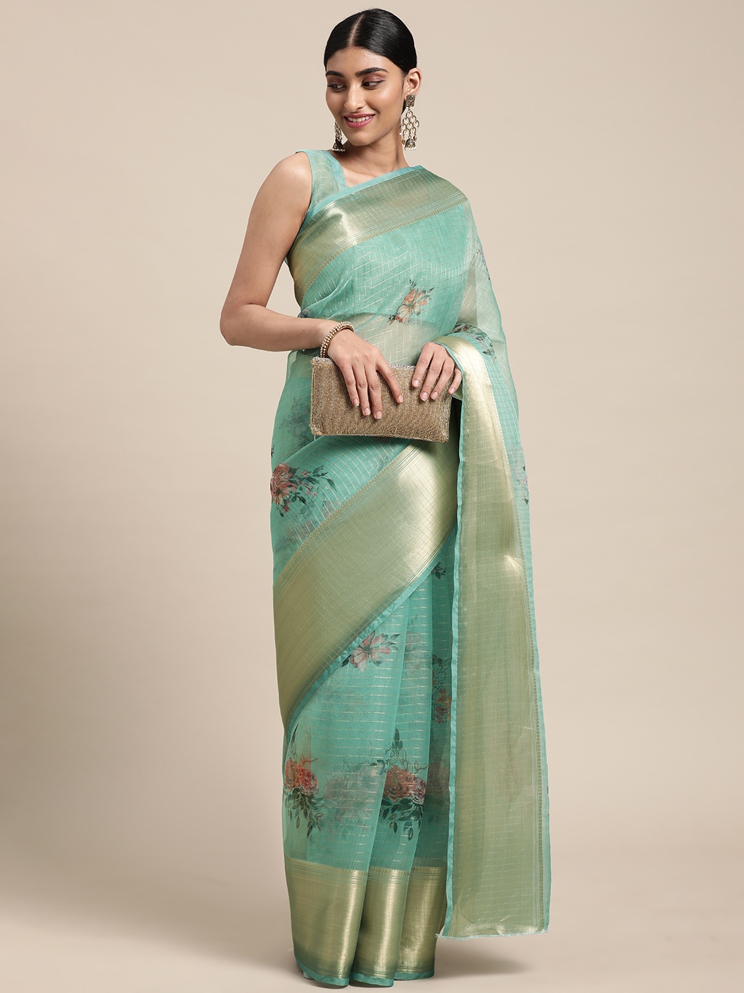 

Saree mall Blue & Gold Digital Floral Print & Checked Organza Taant Sarees