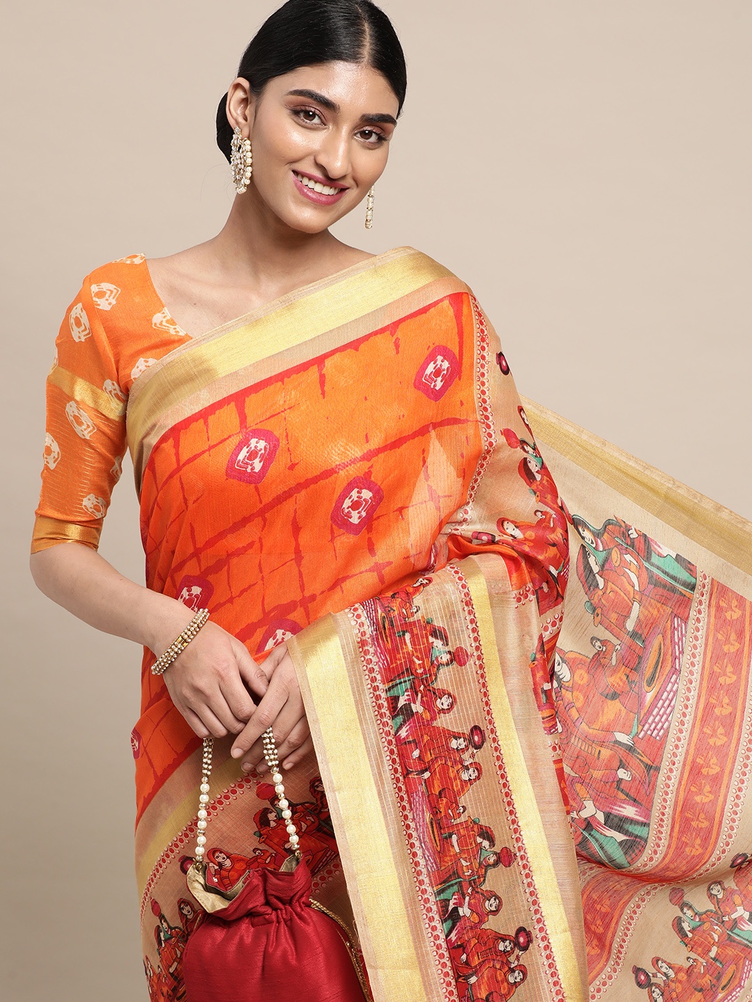 

Saree mall Orange & Red Ethnic Motifs Zari Linen Blend Taant Sarees