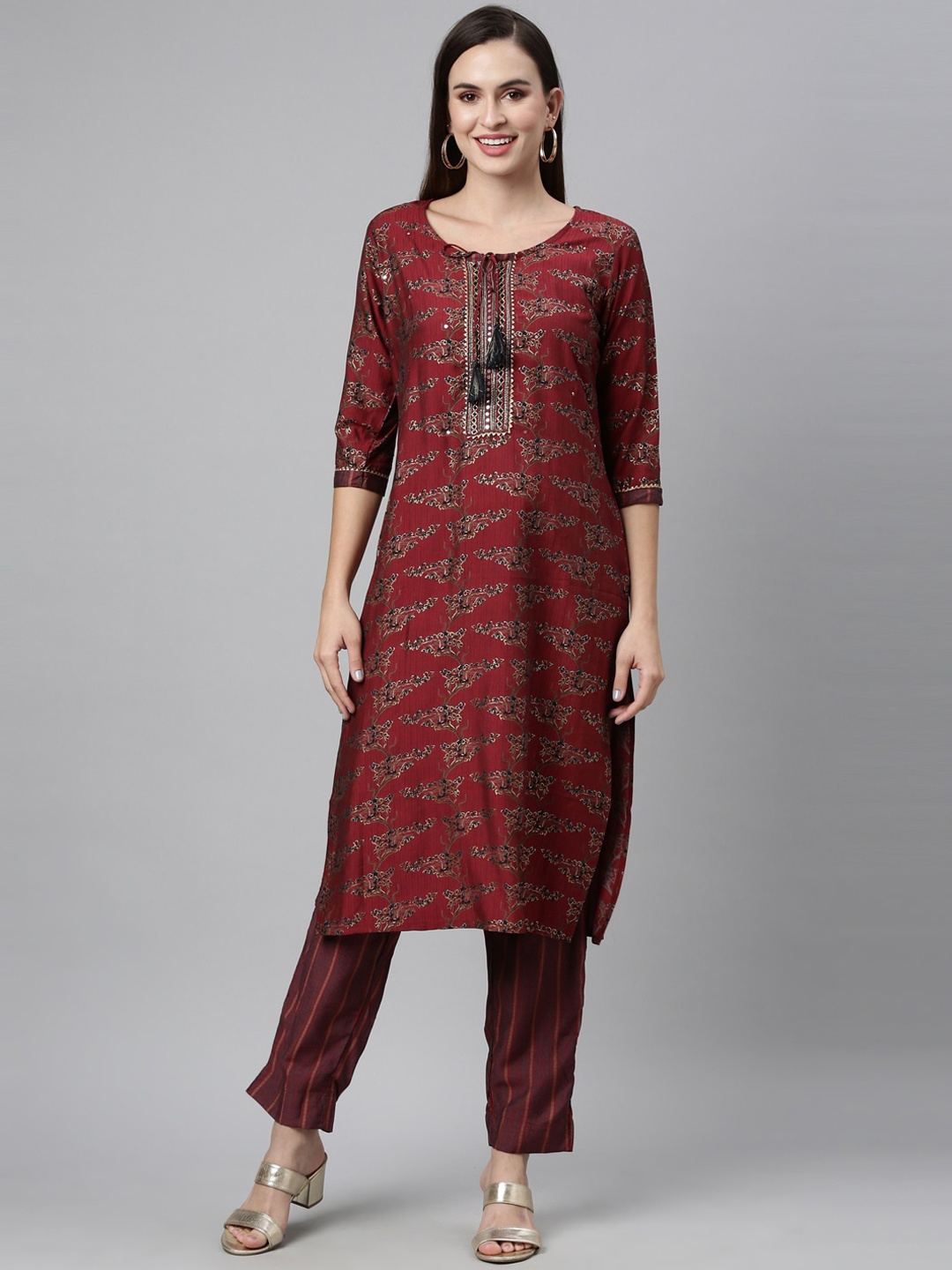 

Neerus Women Maroon Zardozi Kurta with Trousers