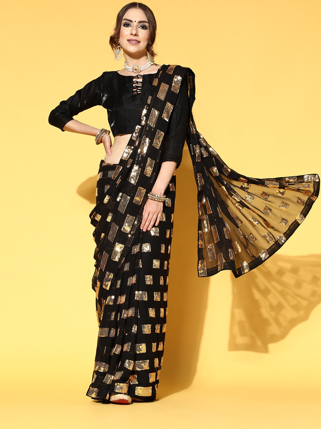 

Mitera Embellished Saree with Border, Black