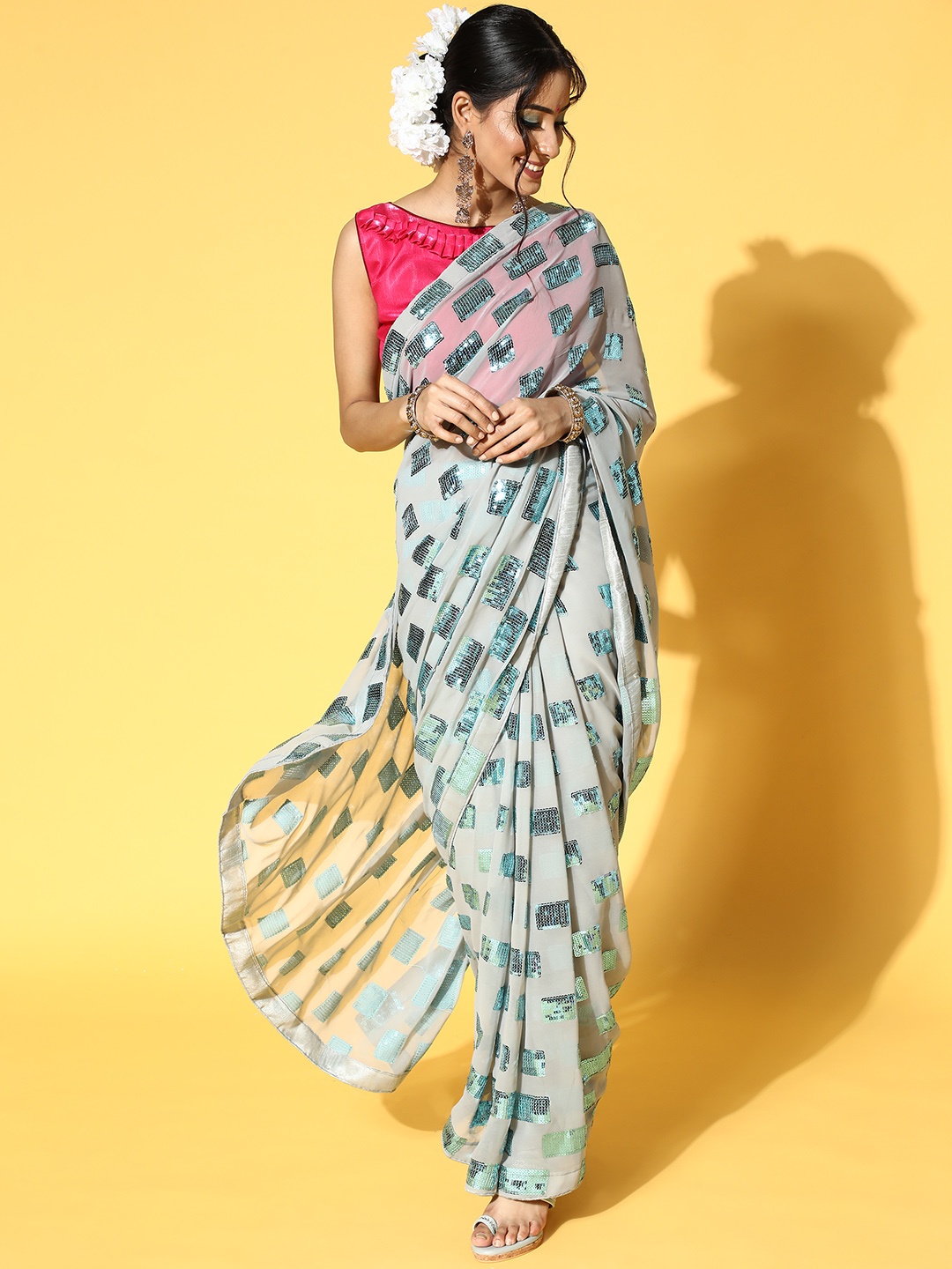 Mitera Embellished Saree with Border, Grey