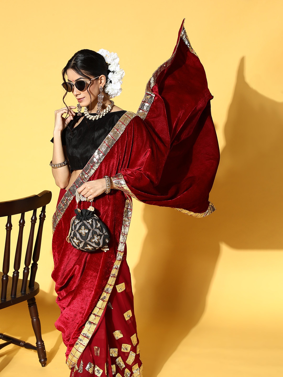 

Mitera Embellished Saree with Border, Maroon